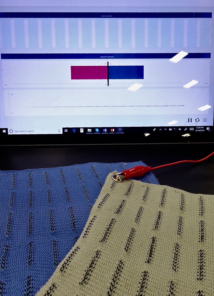 AFFOA R+D (includes Apex Mills) demonstrating the use of touch sensors to control sound levels for music and other audio products. © Marie O’Mahony